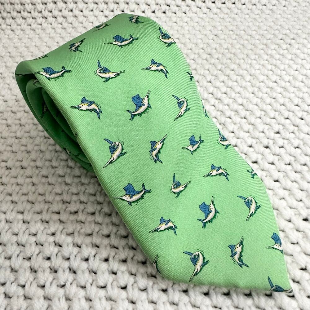 Bird Dog Bay Man's Best Friend Green Silk Summer Swordfish Print Neck Tie